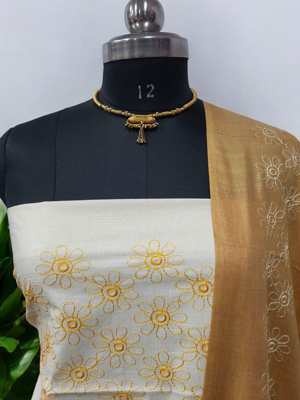 Bhagalpuri Cotton Linen Embroidery 3 pc Salwar Suit - Leheriya