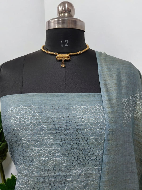 Bhagalpuri Cotton Linen Embroidery 3 pc Salwar Suit - Grey - Leheriya
