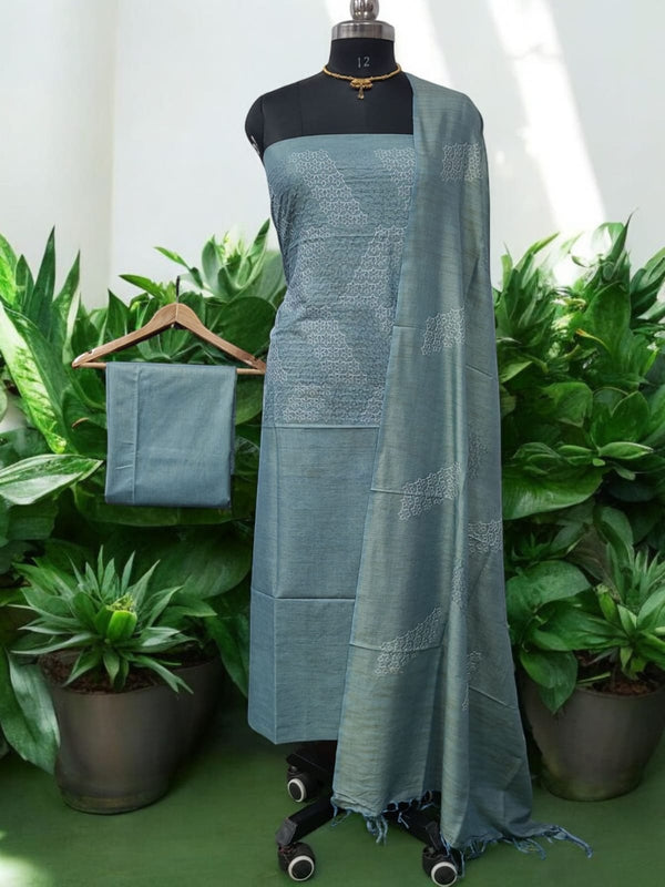 Bhagalpuri Cotton Linen Embroidery 3 pc Salwar Suit - Grey - Leheriya
