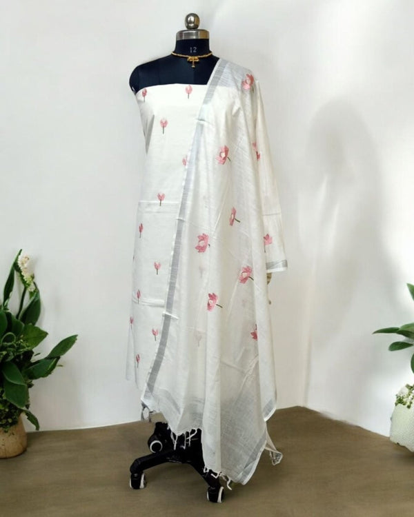 Bhagalpuri Cotton Linen Suit Set with Lotus Embroidery - Leheriya