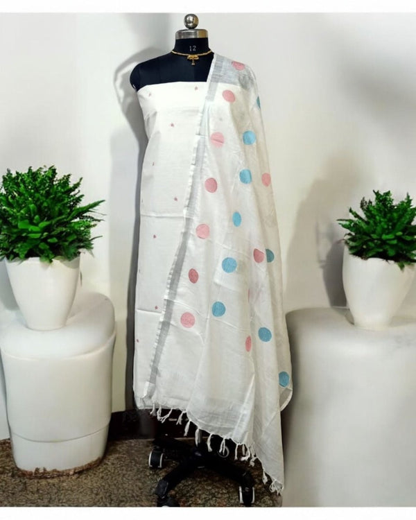 Bhagalpuri Cotton Linen Suit Set with Polka Dots Embroidery - Leheriya