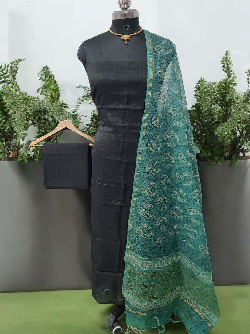 Black Kota Doria Cotton 3 pc Salwar Suit with Vanaspati Ajrakh Kota Doria Dupatta - Leheriya