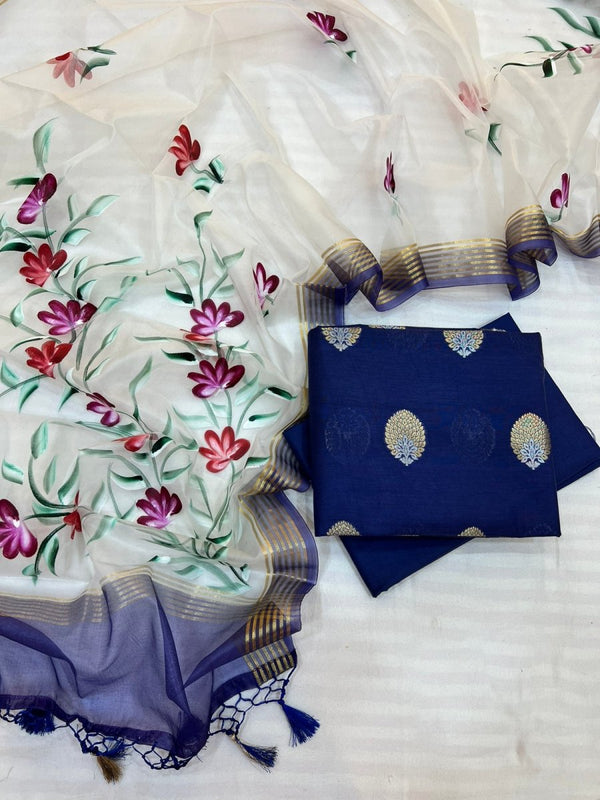 Blue Banarasi Handloom Chanderi Alfi Zari Woven Salwar Suit - Leheriya