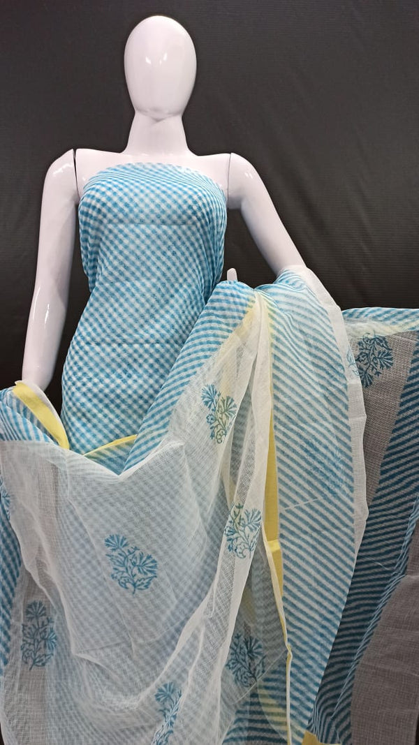 Blue Block Printed Kota Doria Salwar Suit - Leheriya