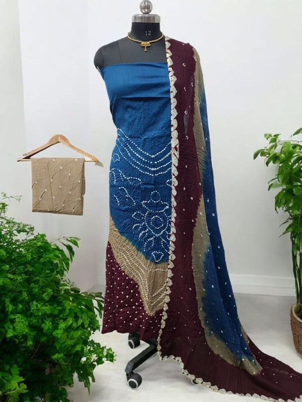 Blue Color Unstitched Salwar Suit with Fancy Color Bandhani Dupatta - Leheriya