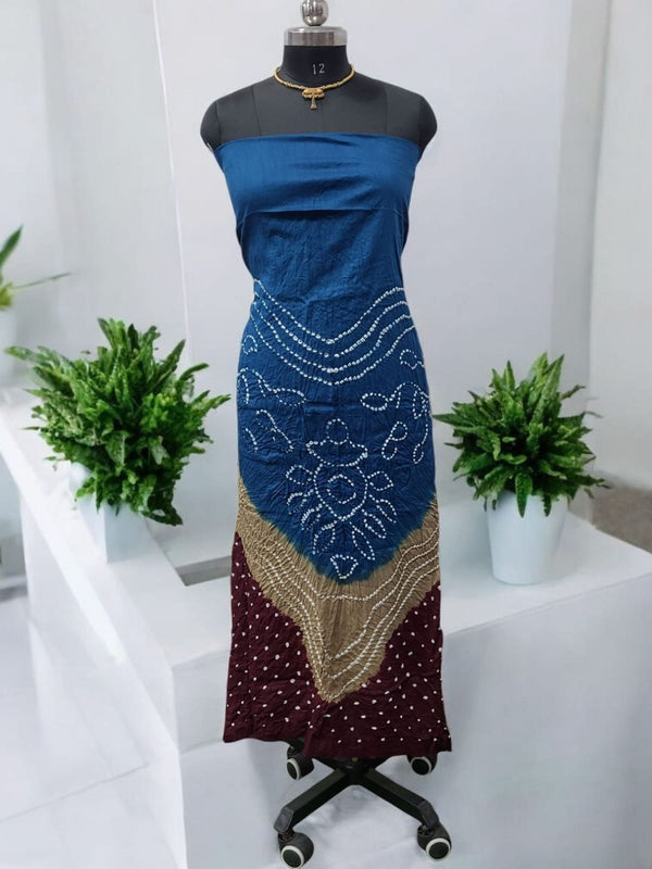 Blue Color Unstitched Salwar Suit with Fancy Color Bandhani Dupatta - Leheriya
