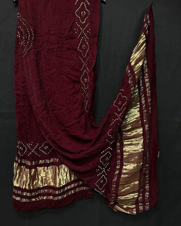 Pure Modal Silk Tie & Dye Hand Bandhani Dupatta | Dark Maroon |