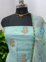 Chanderi Silk Handblock Printed and Embroidered Salwar Kameez With Hand Brush Painted Dupatta - Leheriya