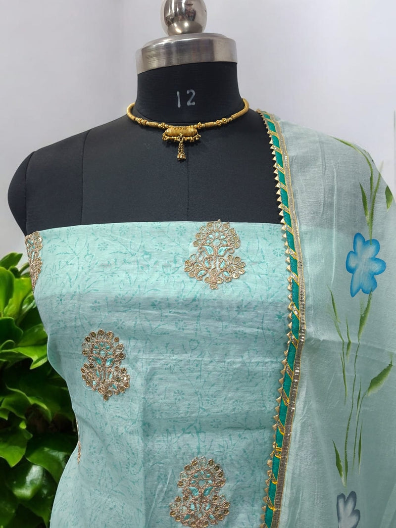 Chanderi Silk Handblock Printed and Embroidered Salwar Kameez With Hand Brush Painted Dupatta - Leheriya