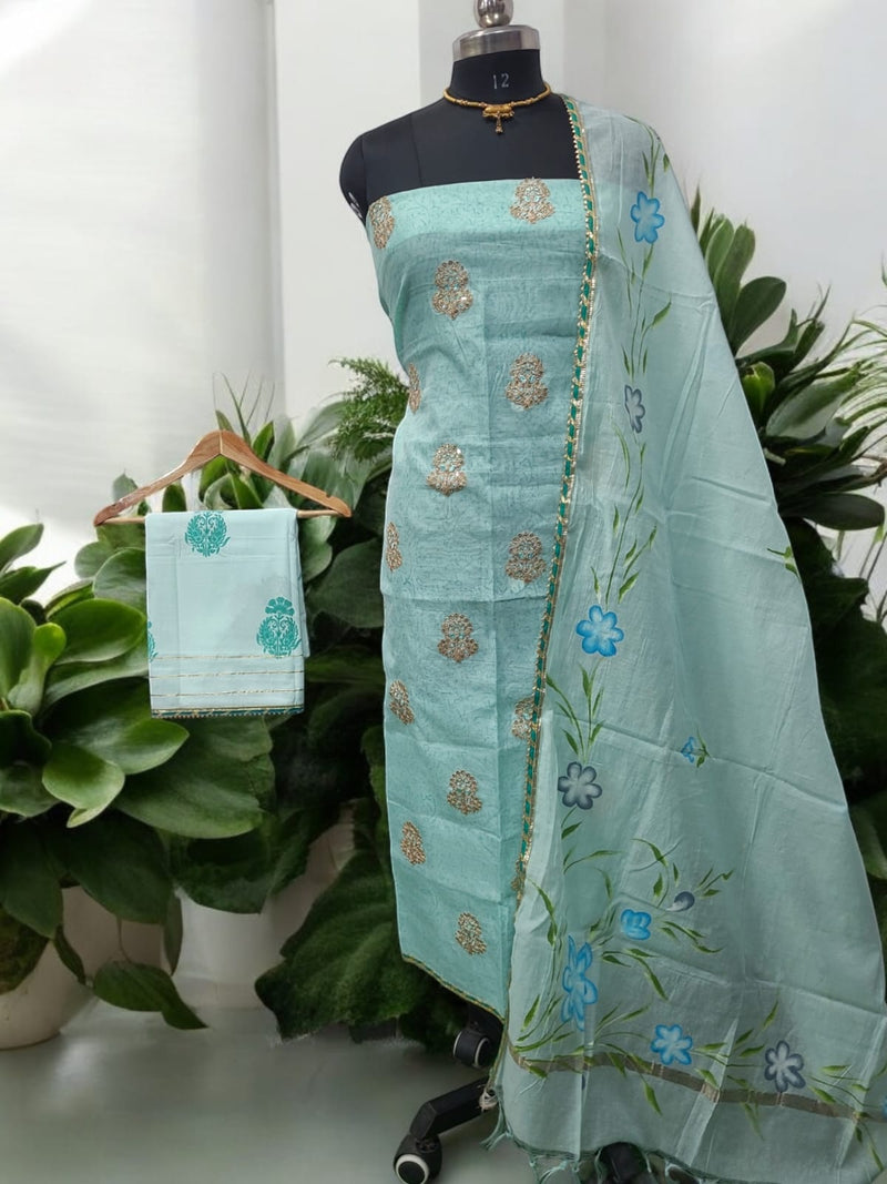 Chanderi Silk Handblock Printed and Embroidered Salwar Kameez With Hand Brush Painted Dupatta - Leheriya