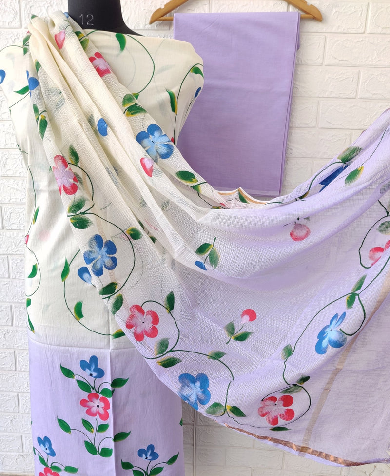 Cotton Hand Painted 3 pc Salwar Suit with Kota Doria Cotton Dupatta - Leheriya