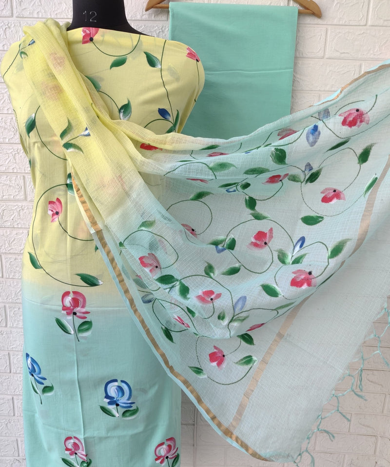 Cotton Hand Painted 3 pc Salwar Suit with Kota Doria Cotton Dupatta - Leheriya
