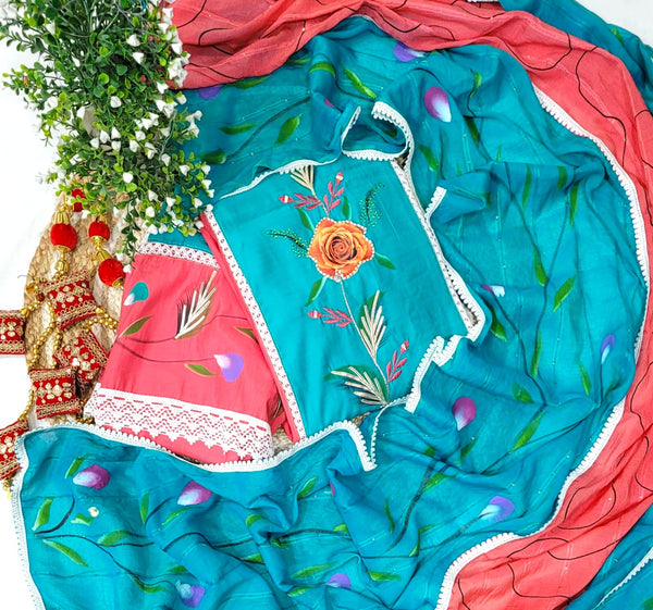 Cotton Hand Painted 3 pc Unstitched Salwar Suit with Crochet Lace Work Dupatta - Leheriya