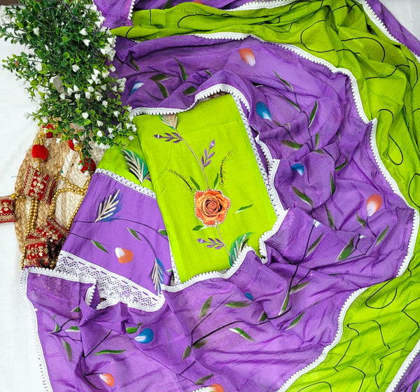 Cotton Hand Painted 3 pc Unstitched Salwar Suit with Crochet Lace Work Dupatta - Leheriya