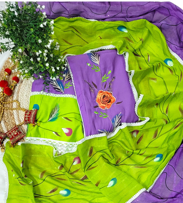 Cotton Hand Painted 3 pc Unstitched Salwar Suit with Crochet Lace Work Dupatta - Leheriya