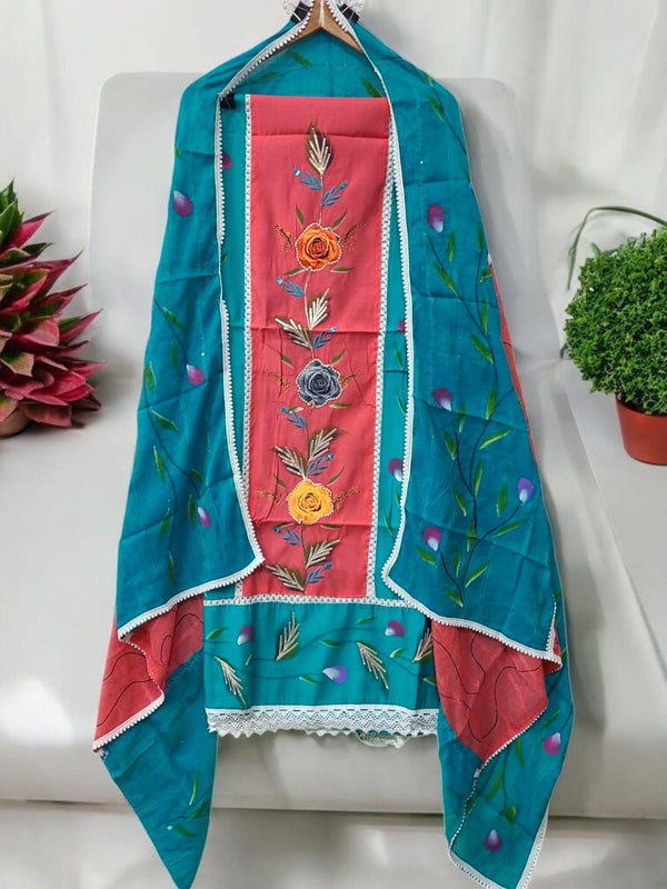 Cotton Hand Painted 3 pc Unstitched Salwar Suit with Crochet Lace Work Dupatta - Leheriya