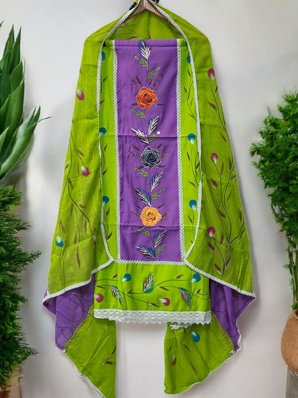 Cotton Hand Painted 3 pc Unstitched Salwar Suit with Crochet Lace Work Dupatta - Leheriya