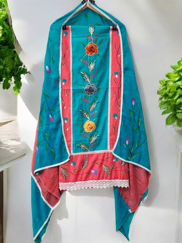 Cotton Hand Painted 3 pc Unstitched Salwar Suit with Crochet Lace Work Dupatta - Leheriya