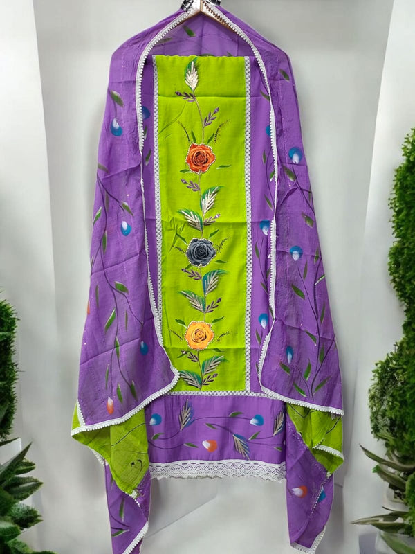 Cotton Hand Painted 3 pc Unstitched Salwar Suit with Crochet Lace Work Dupatta - Leheriya