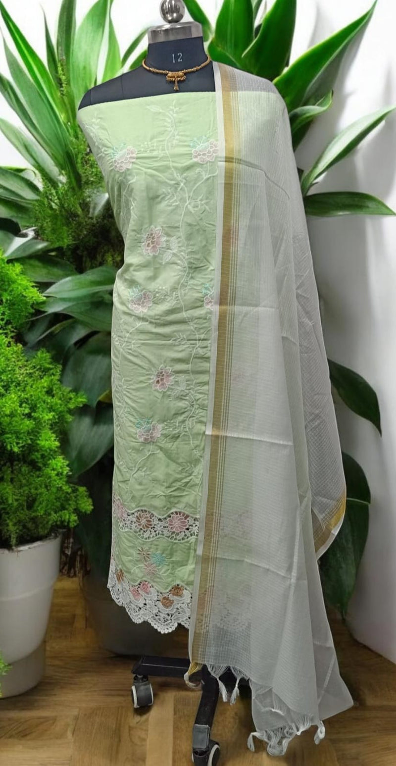 Crochet Embroidery Cotton 2 pc Salwar Suit with Kota Doria Dupatta - Leheriya