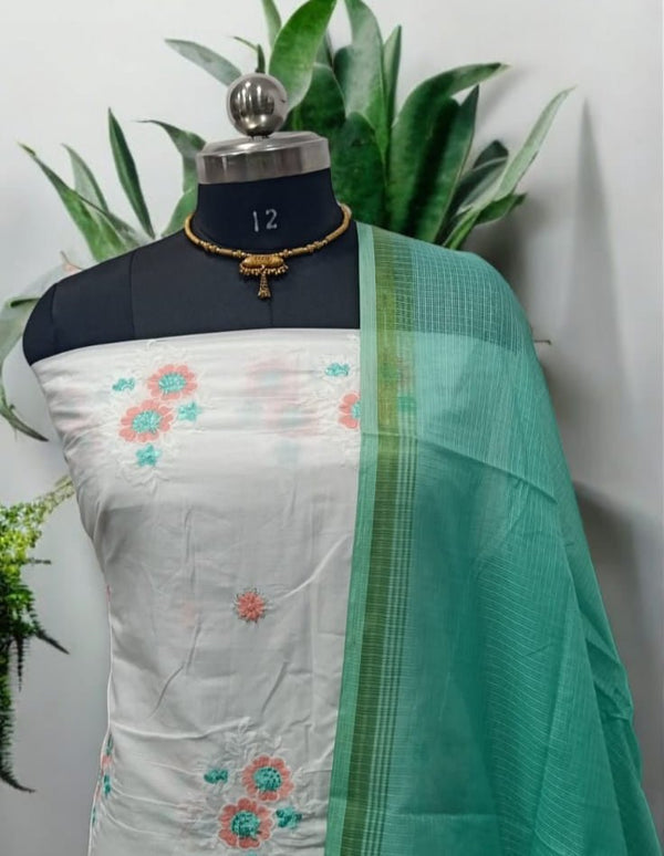 Crochet Embroidery Cotton 2 pc Salwar Suit with Kota Doria Dupatta - Leheriya