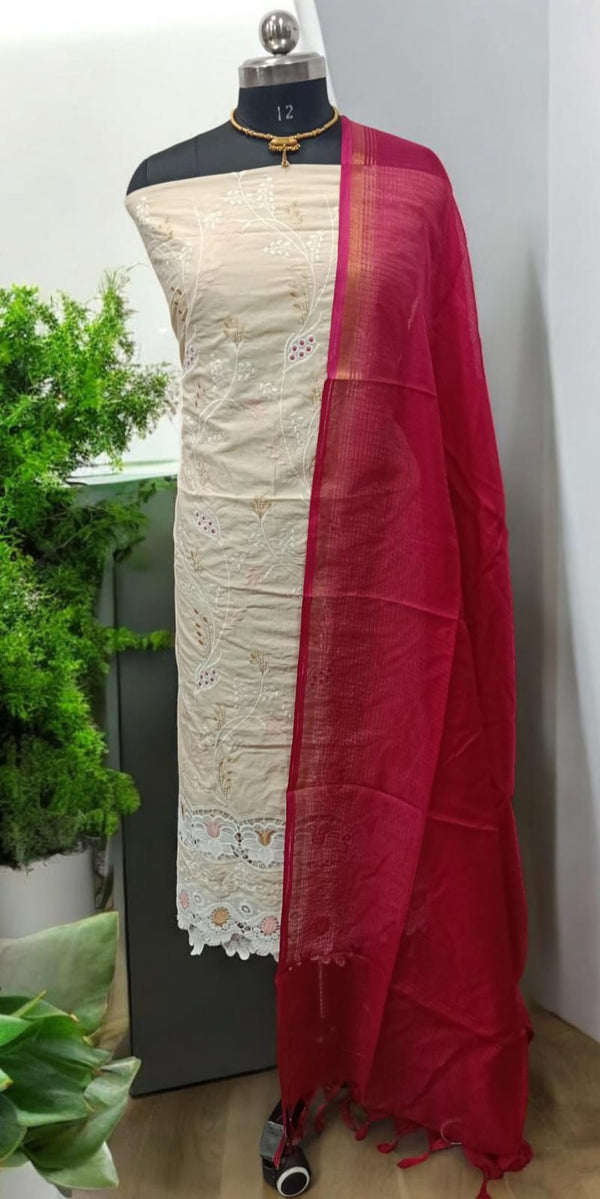 Crochet Embroidery Cotton 2 pc Salwar Suit with Kota Doria Dupatta - Leheriya