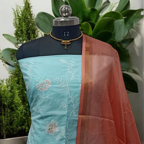 Crochet Embroidery Cotton 2 pc Salwar Suit with Kota Doria Dupatta - Leheriya