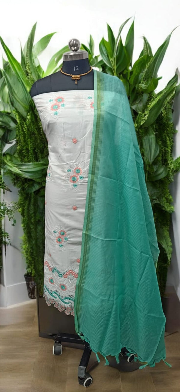 Crochet Embroidery Cotton 2 pc Salwar Suit with Kota Doria Dupatta - Leheriya