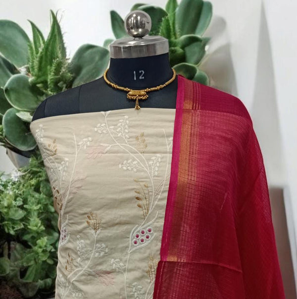 Crochet Embroidery Cotton 2 pc Salwar Suit with Kota Doria Dupatta - Leheriya