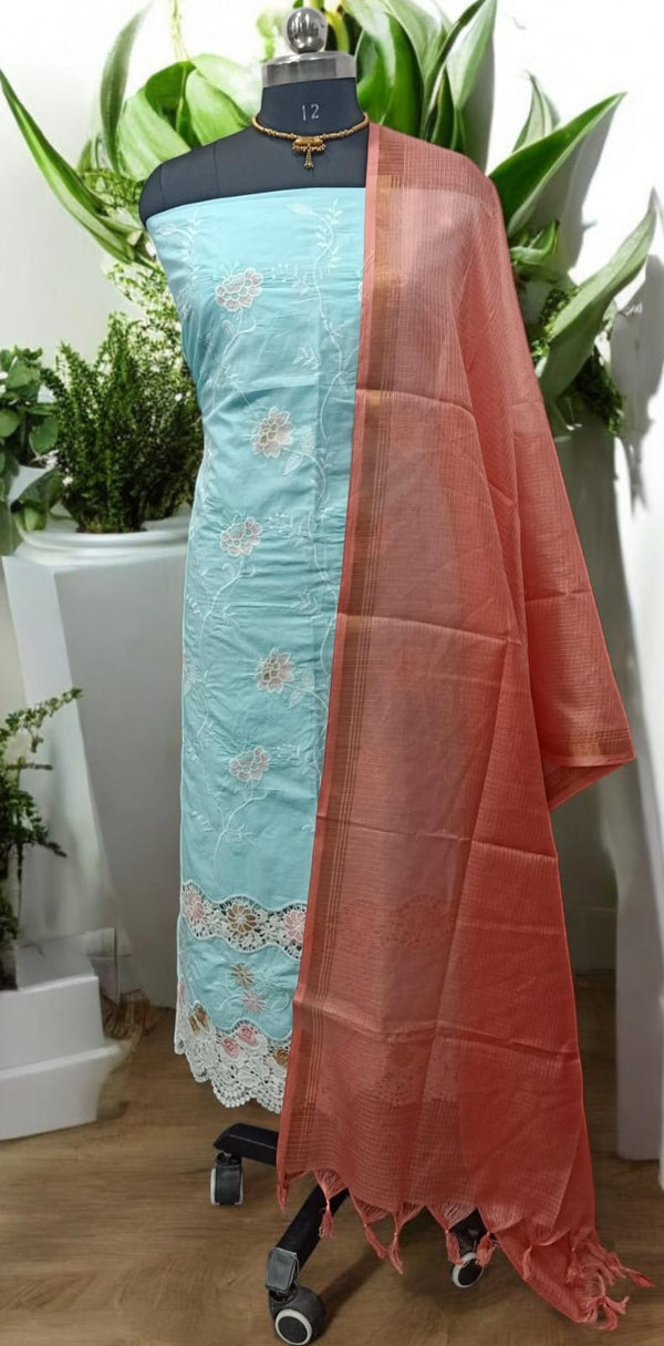 Crochet Embroidery Cotton 2 pc Salwar Suit with Kota Doria Dupatta - Leheriya