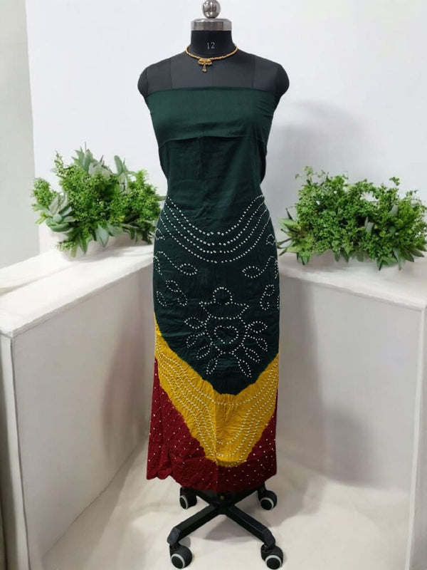 Dark Green Color Unstitched Salwar Suit with Fancy Color Bandhani Dupatta - Leheriya