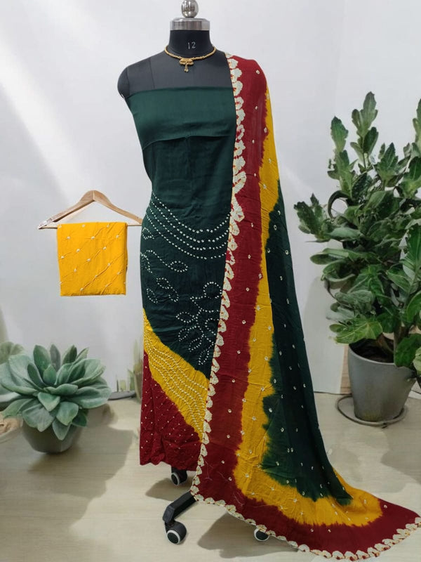 Dark Green Color Unstitched Salwar Suit with Fancy Color Bandhani Dupatta - Leheriya