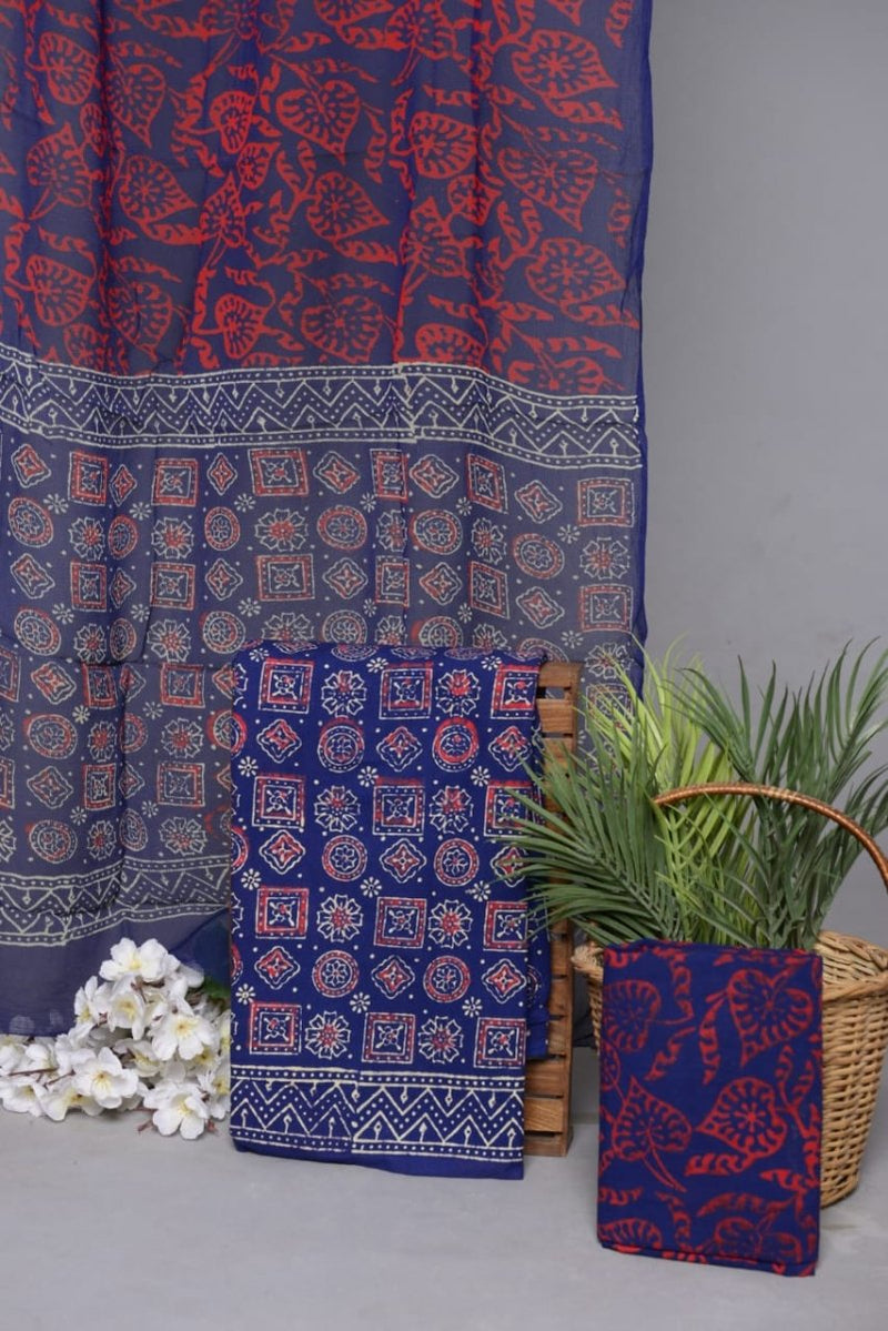 Designer Hand Block Print Pure Cotton Suit With Chiffon Dupatta - Leheriya