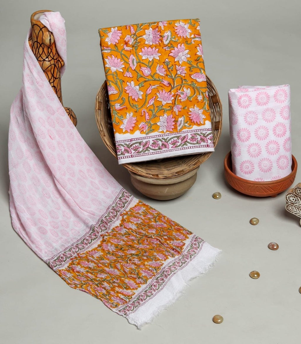 Designer Hand Block Print Pure Cotton Suit With Chiffon Dupatta - Leheriya.com Designer Hand Block Print Pure Cotton Suit With Chiffon Dupatta - Leheriya.com