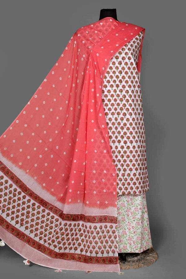 Designer Hand Block Print Pure Cotton Suit With Cotton Dupatta - Leheriya