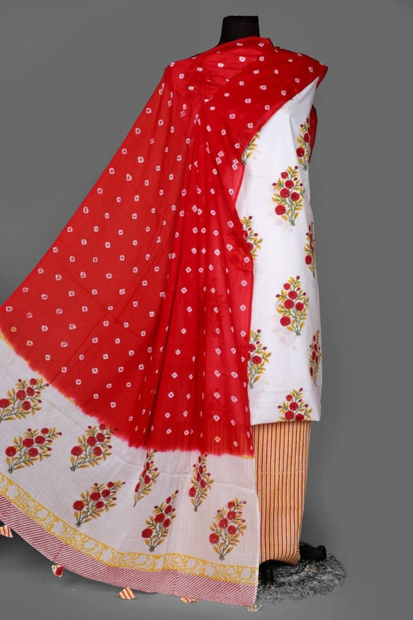 Designer Hand Block Print Pure Cotton Suit With Cotton Mulmul Dupatta - Leheriya
