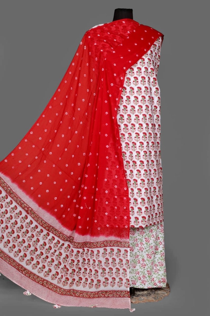 Designer Hand Block Print Pure Cotton Suit With Cotton Mulmul Dupatta - Leheriya