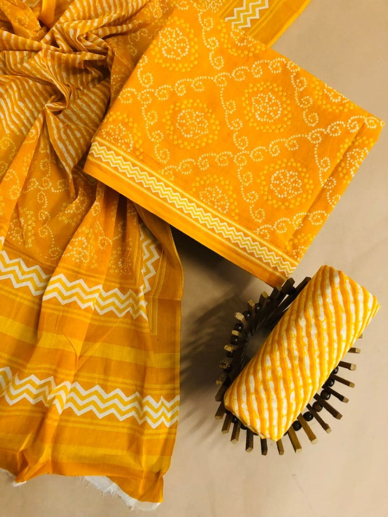 Designer Hand Block Print Pure Mul Cotton Suit With Cotton Dupatta - Leheriya