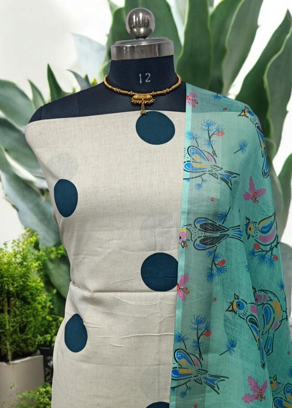 Designer Hand Block Print Pure Mul Cotton With Linen Cotton Dupatta - Leheriya