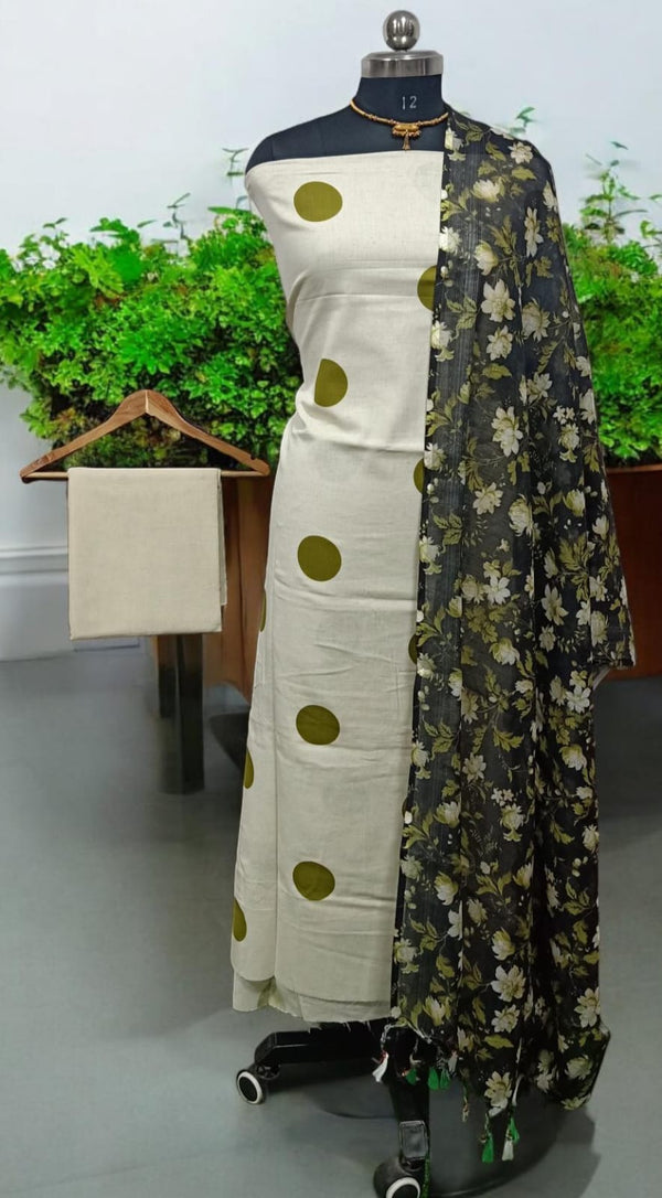 Designer Hand Block Print Pure Mul Cotton With Linen Cotton Dupatta - Leheriya