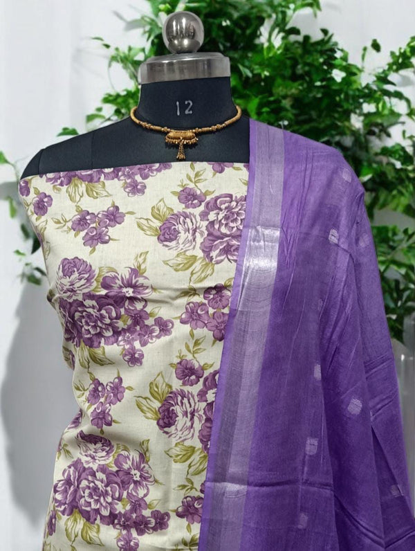 Designer Hand Block Print Pure Mul Cotton With Linen Cotton Dupatta - Leheriya