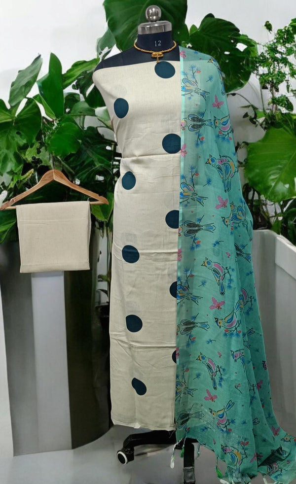 Designer Hand Block Print Pure Mul Cotton With Linen Cotton Dupatta - Leheriya