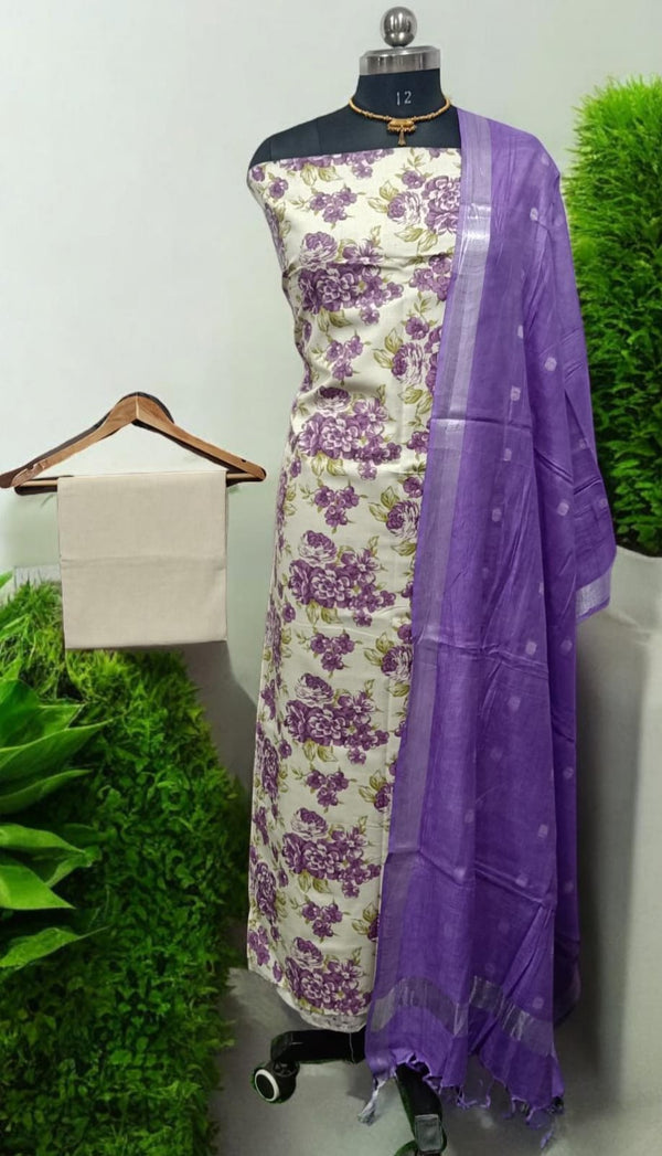 Designer Hand Block Print Pure Mul Cotton With Linen Cotton Dupatta - Leheriya