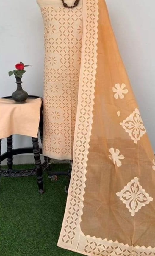 Designer Handcrafted Applique Work Premium Cotton Unstitched Salwar Suit - Leheriya