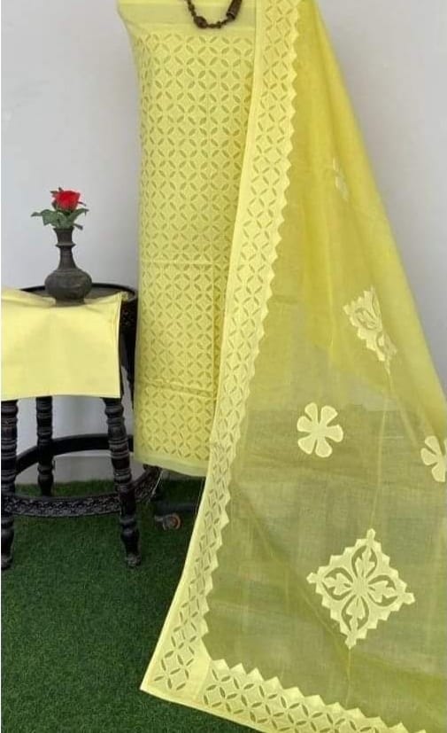 Designer Handcrafted Applique Work Premium Cotton Unstitched Salwar Suit - Leheriya