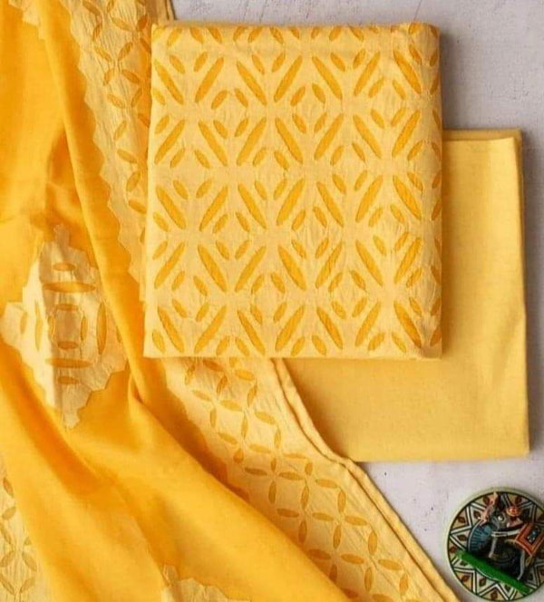 Designer Handcrafted Applique Work Premium Cotton Unstitched Salwar Suit - Leheriya