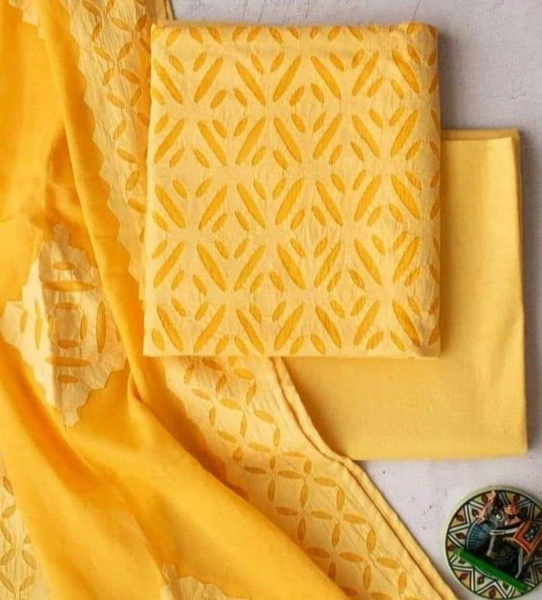 Designer Handcrafted Applique Work Premium Cotton Unstitched Salwar Suit - Leheriya