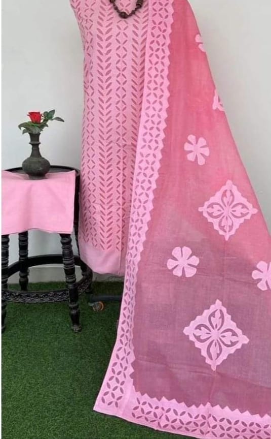 Designer Handcrafted Applique Work Premium Cotton Unstitched Salwar Suit - Leheriya
