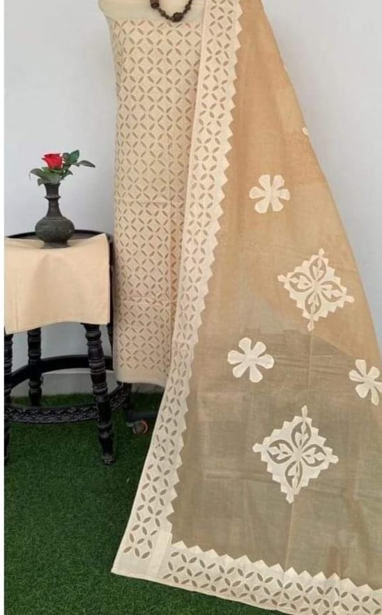 Designer Handcrafted Applique Work Premium Cotton Unstitched Salwar Suit - Leheriya