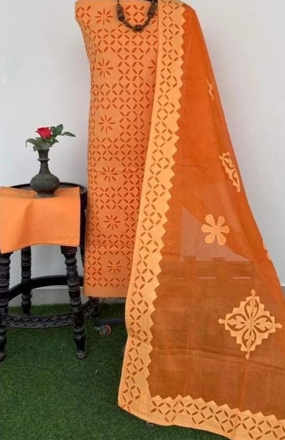 Designer Handcrafted Applique Work Premium Cotton Unstitched Salwar Suit - Leheriya